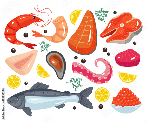 Slice cut of sea marine food meal concept. Vector flat cartoon graphic design isolated set