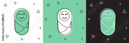 Set Newborn baby infant swaddled or swaddling icon isolated on white and green, black background. Baby kid child wrapped in blanket clothes. Vector