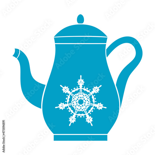 Vintage inspired turquoise pitcher with frontal snowy mandala drawing. Hand drawn teapot illustration in flat doodle style. Vector trendy cartoon sticker clipart, isolated on white background. 