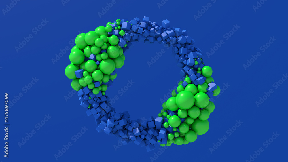 Abstract circle shape. Blue cubes and green balls. Blue background. 3d render.