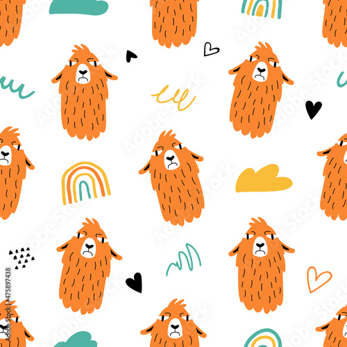 Seamless pattern with funny llamas or alpacas in hand drawn style. Great for textiles, stickers, cards, poster, wallpaper, wrapping paper. Isolated on white background vector illustration