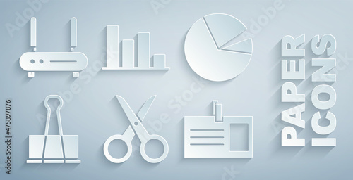 Set Scissors, Pie chart infographic, Binder clip, Identification badge, and Router and wi-fi signal icon. Vector