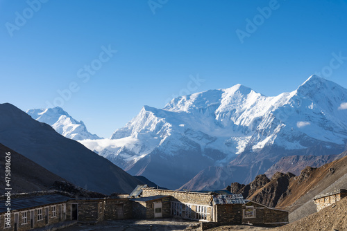 Beautiful view of Annapurna Circuit with snowy peak in Tanki, Nepal photo