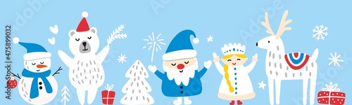 Vector illustration of Santa Claus and snow maiden with a snowman and gifts. Vector collection