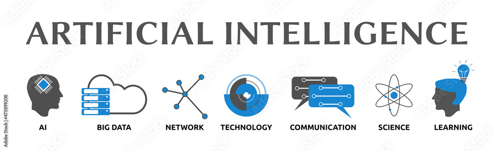 Artificial Intelligence. Banner mit Icons. AI, Big Data, Network, Technology, Communication, Science, Learning.
Artificial Intelligence. Banner mit Icons. AI, Big Data, Network, Technology, Communication, Science, Learning.