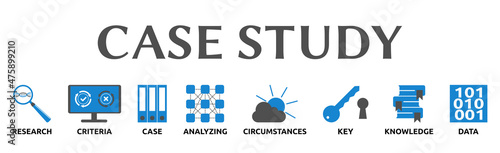 Case Study. Banner mit Icons. Research, Criteria, Case, Analyzing, Circumstances, Key, Knowledge, Data. 
