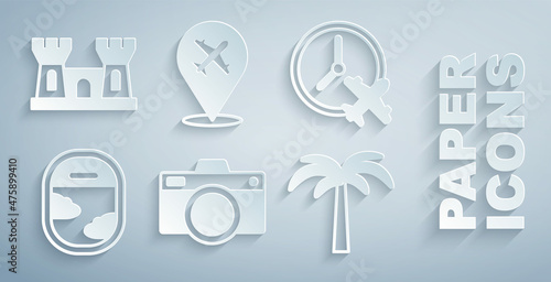 Set Photo camera, Clock with airplane, Airplane window, Tropical palm tree, Plane and Sand castle icon. Vector