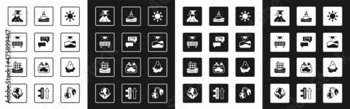Set Sun, Global warming, Solar energy panel, Volcano eruption with lava, Drought, Floating buoy the sea, Glacier melting and House flood icon. Vector