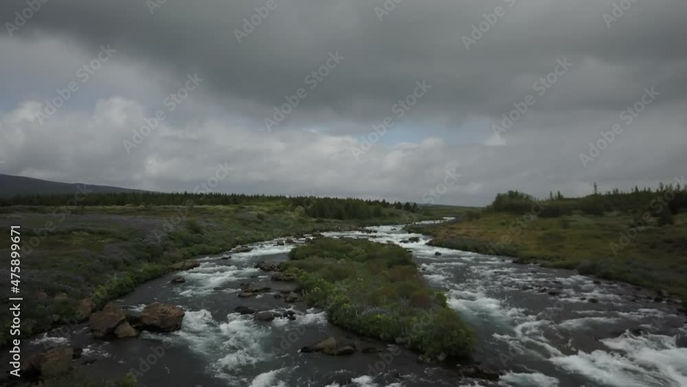 Rushing river flyover in Iceland Rushing river flyover in Iceland