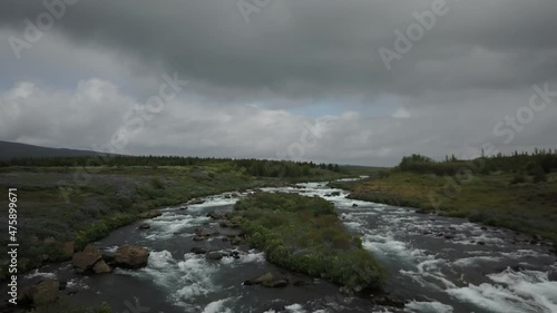 Rushing river flyover in Iceland