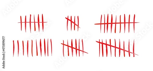 Tally marks set on white background. Collection of blood red hash marks signs of prison wall, jail or desert island lost day tally numbers counting. Vector chalk drawn sticks lines counter.