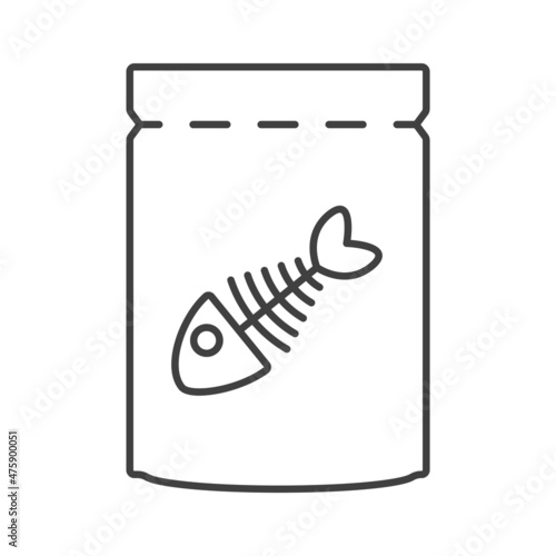 Cat food icon. A simple line drawing of a food bag with a fish skeleton on the package. Isolated vector on white background.