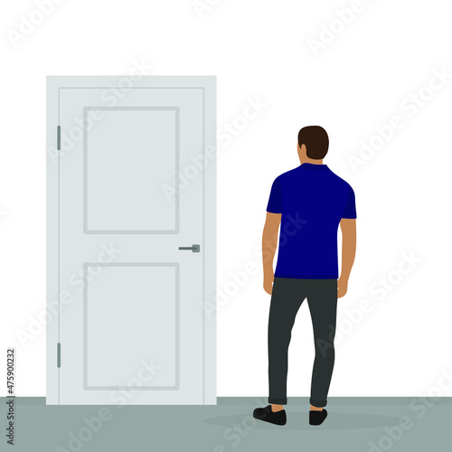 Male character looking at closed door on white background