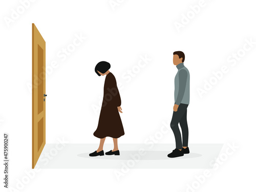 A sad female character walks towards the door and a male character looks at it