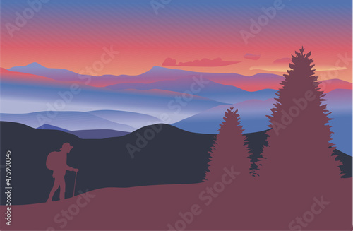 Tourism. Hiking a man with a stick in the mountains at sunrise. Vector illustration EPS8