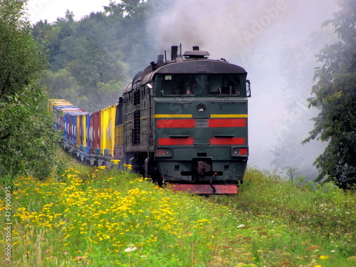 A freight train travels on a grassy railway