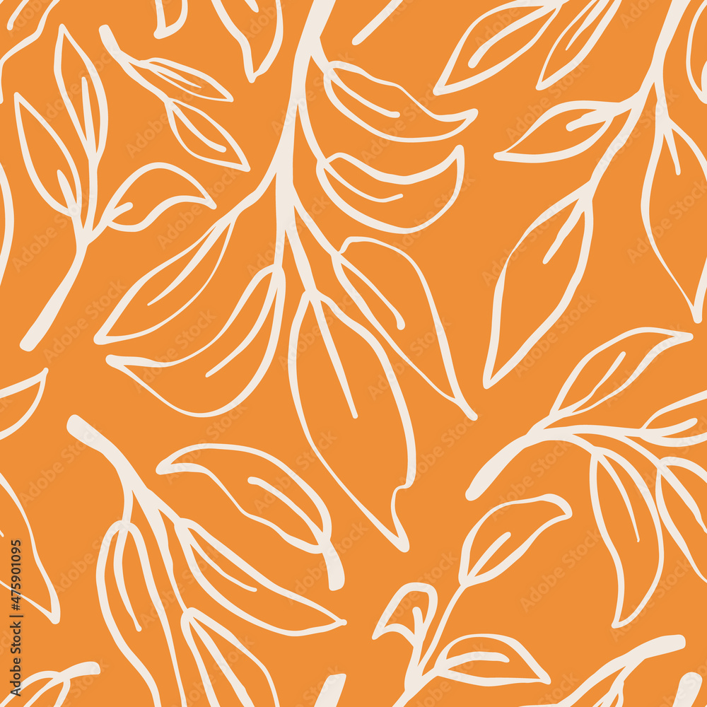 Leaf seamless repeat pattern. Random placed, vector botany plants all over surface print on orange background.