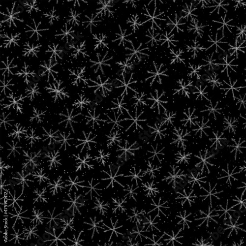 Hand Drawn Snowflakes Christmas Seamless Pattern. Subtle Flying Snow Flakes on chalk snowflakes Background. Authentic chalk handdrawn snow overlay. Modern holiday season decoration.