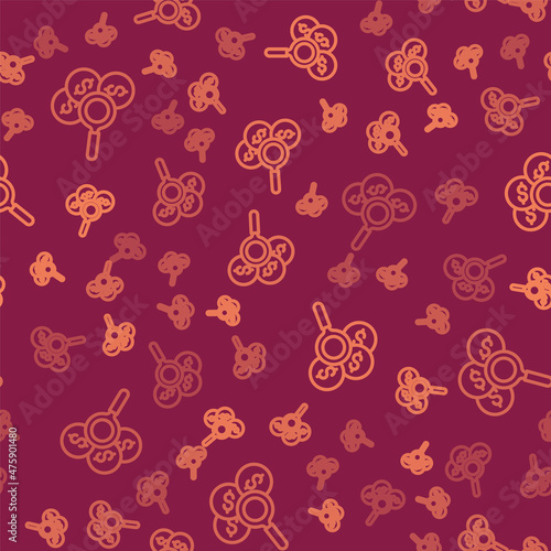 Brown line Search for money icon isolated seamless pattern on red background. Vector