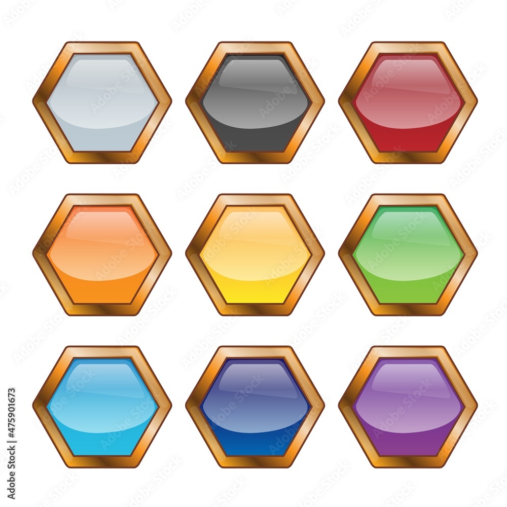 Set of bright blank buttons. Metalic frames for skills or elements of user interface for mobile games Set of bright blank buttons. Metalic frames for skills or elements of user interface for mobile games
