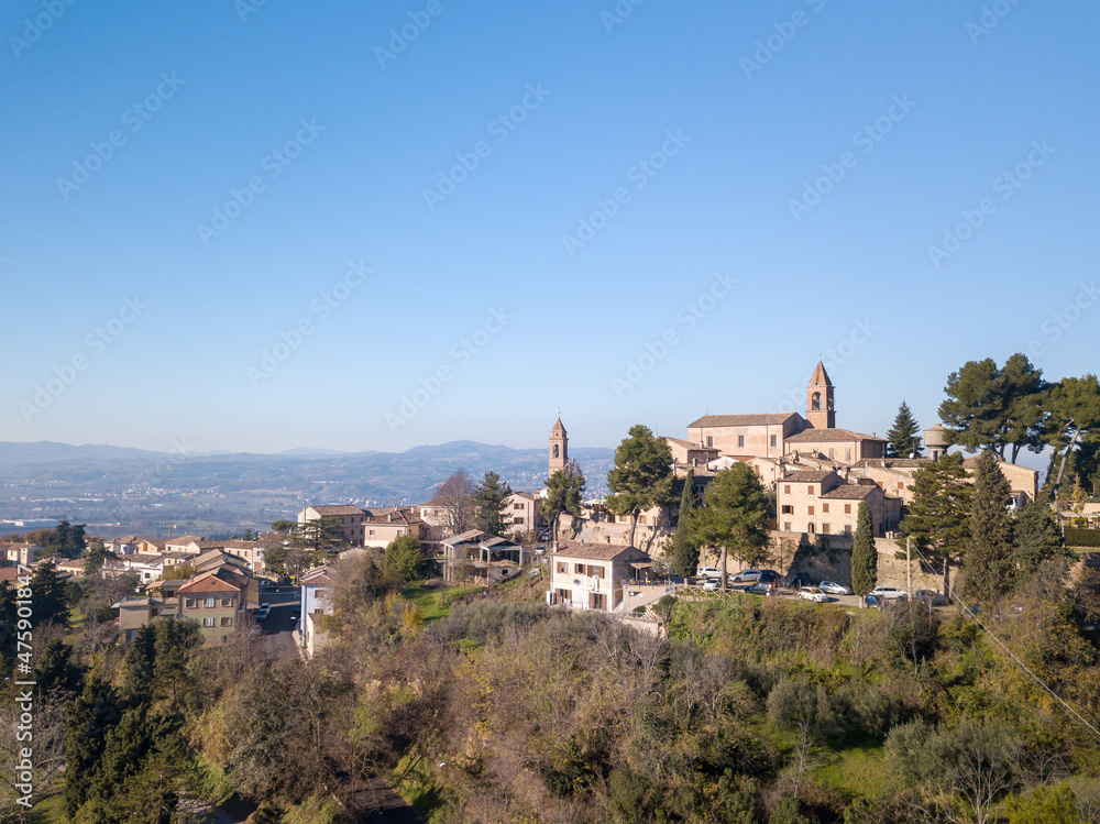 Italy, December 2021- aerial view of the medieval village of Montemaggiore al Metauro in the province of Pesaro and Urbino in the Marche region