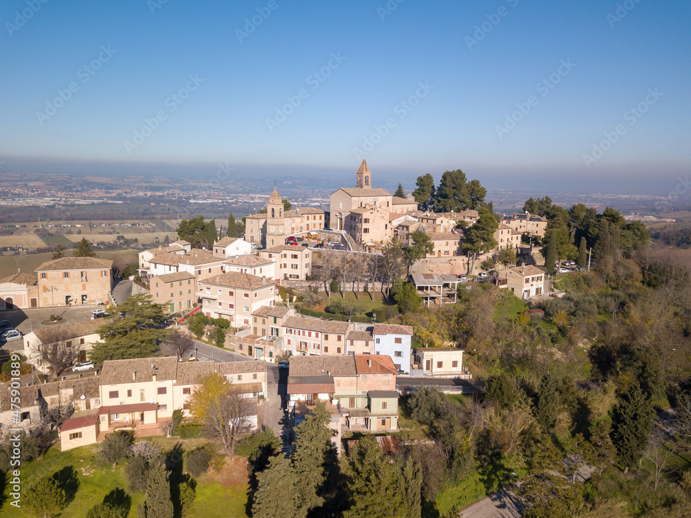 Italy, December 2021- aerial view of the medieval village of Montemaggiore al Metauro in the province of Pesaro and Urbino in the Marche region