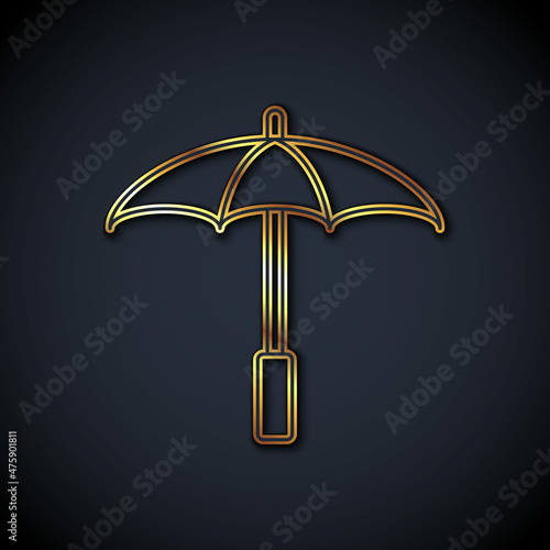 Gold line Sun protective umbrella for beach icon isolated on black background. Large parasol for outdoor space. Beach umbrella. Vector