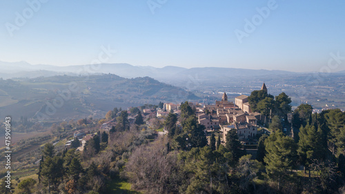 Italy, December 2021- aerial view of the medieval village of Montemaggiore al Metauro in the province of Pesaro and Urbino in the Marche region © cristian