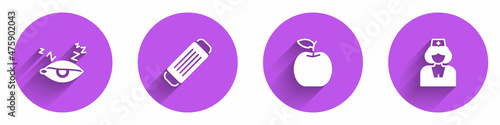 Set Insomnia, Medical protective mask, Apple and Nurse icon with long shadow. Vector