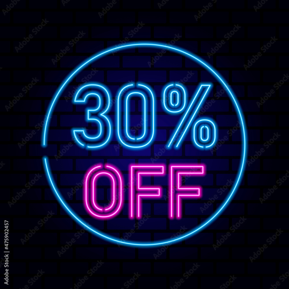 30 percent SALE glowing neon lamp sign. Vector illustration. 30 percent SALE glowing neon lamp sign. Vector illustration.