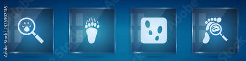 Set Paw search, Bear paw footprint, Human footprints shoes and Magnifying glass with footsteps. Square glass panels. Vector