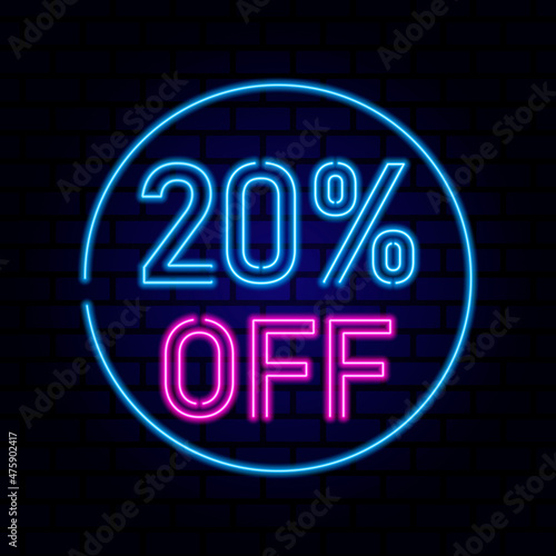 20 percent SALE glowing neon lamp sign. Vector illustration.