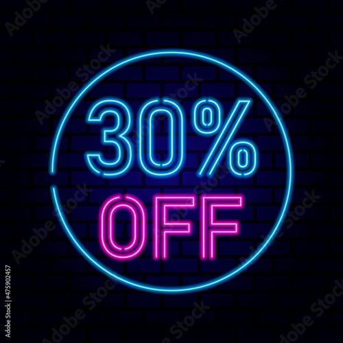 30 percent SALE glowing neon lamp sign. Vector illustration.