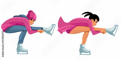 Asian female figure skater spins sitting on one leg on a skating rink