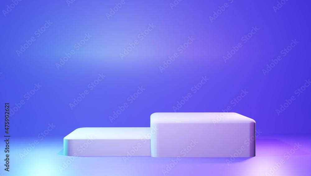 Product showcase illuminated holographic double-step stage square podiums mockup in purple saturated color. 3d render illustration