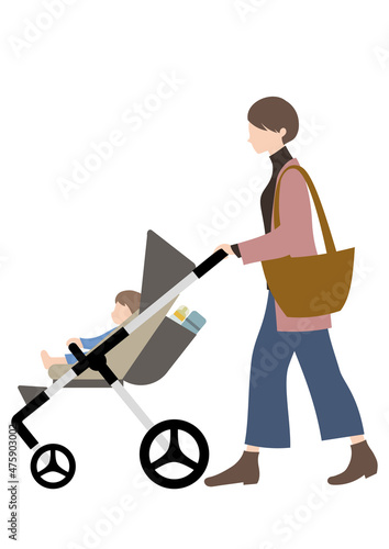 赤ちゃんと、水筒・哺乳瓶が入ったベビーカーを押す女性（散歩や買い物等のイメージに）