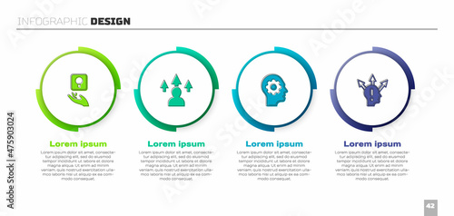 Set Light bulb, Front end development, Human head with gear inside and Project team base. Business infographic template. Vector