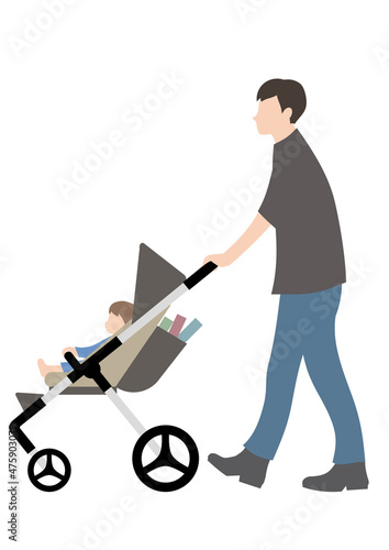 赤ちゃんと、本が入ったベビーカーを押す男性（図書館帰りや読み聞かせイメージに）