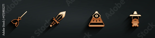 Set Witches broom, Medieval sword, Masons and Wizard warlock icon with long shadow. Vector