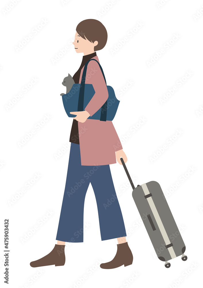 キャリーバッグに入れた猫と、スーツケースを運んでいる女性（帰省やペット旅行等のイメージに）