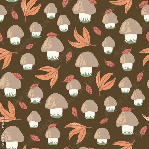 Hand-drawn seamless pattern with wild mushrooms and autumn leaves. Colorful seasonal illustration for paper and gift wrap. Fabric print design. Creative stylish background.