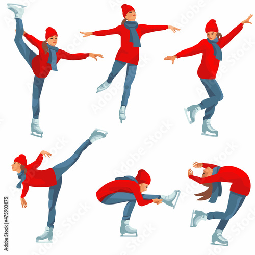 Vector isolated figures of a figure skater girl in winter clothes on a skating rink who stands, turns, doing sitting sping