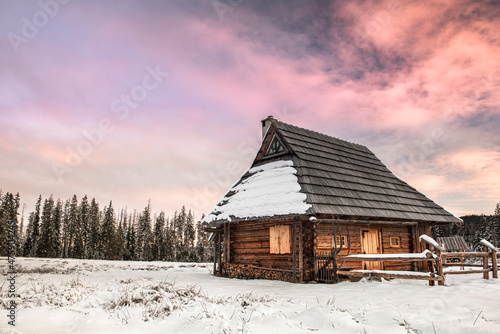 Wooden Shepherd Cabin in Highland tatra Mountains at Winter