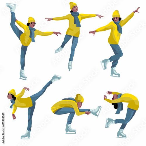 Vector isolated figures of a black girl skating on a skating rink in a winter jacket in various poses