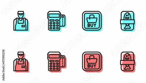 Set line Buy button, Seller, POS terminal with credit card and Fish plastic tray container icon. Vector