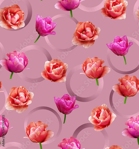 Abstract digital pattern textile wallpaper with patterns of circles and flowers tulips on a powdery pink background.