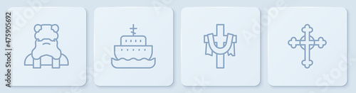 Set line Priest, Christian cross, Ark of noah and . White square button. Vector