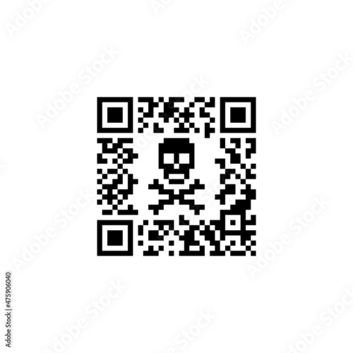 Graphic print of QR code with skull pattern. Pandemic coronavirus. Pixel art.