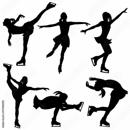 Isolated vector silhouettes of a figure skater girl on a skating rink in a dress for competitions in various poses