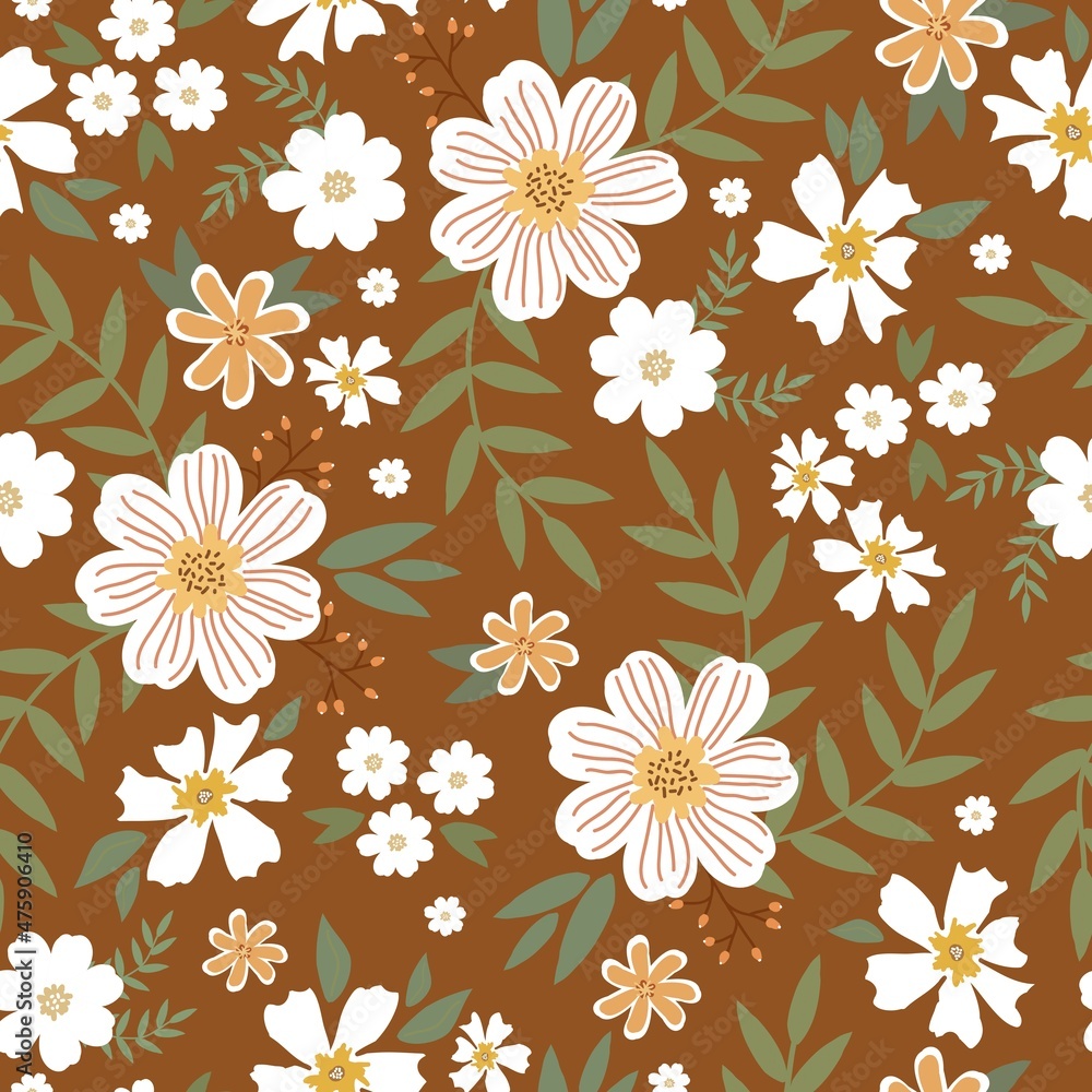 Vintage pattern. Wonderful white flowers and green leaves. Terracotta background. Seamless vector template for design and fashion prints.